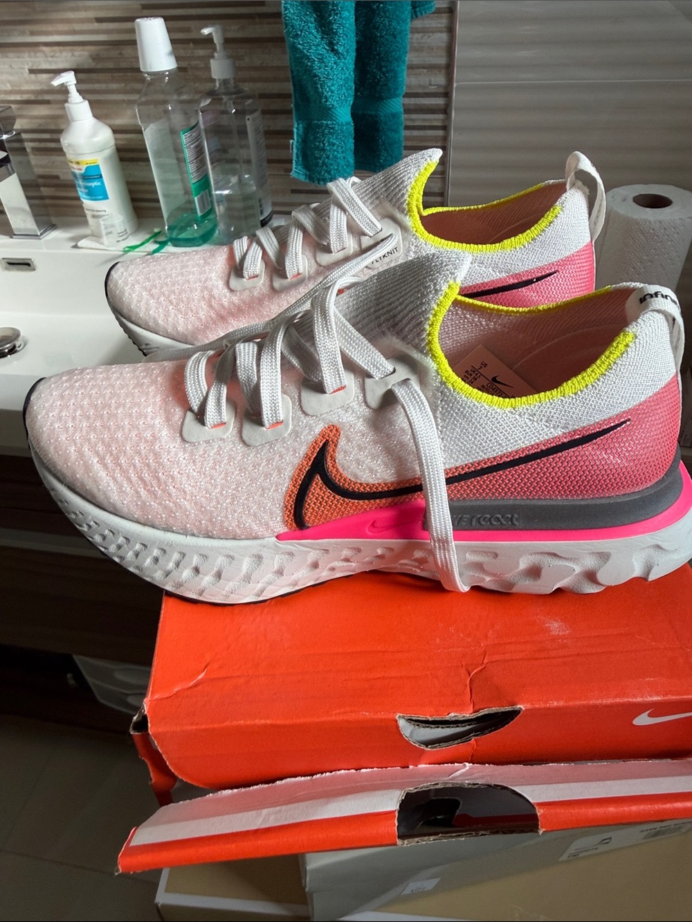 Nike Pink Knit Running Sneakers with Neon Yellow Collar and Hot Pink Accents - Picture 2 of 5